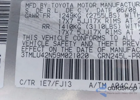 2009 Toyota Tacoma Base V6 z USA, uszkodzony, nr VIN 3TMLU42N59M021020